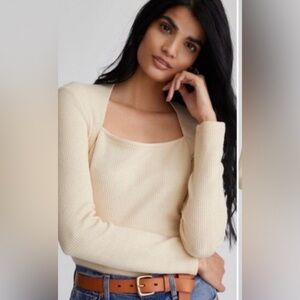 Anthropologie Square Neck Ribbed Top inIvory,Small,Basic Knit Fall School Office